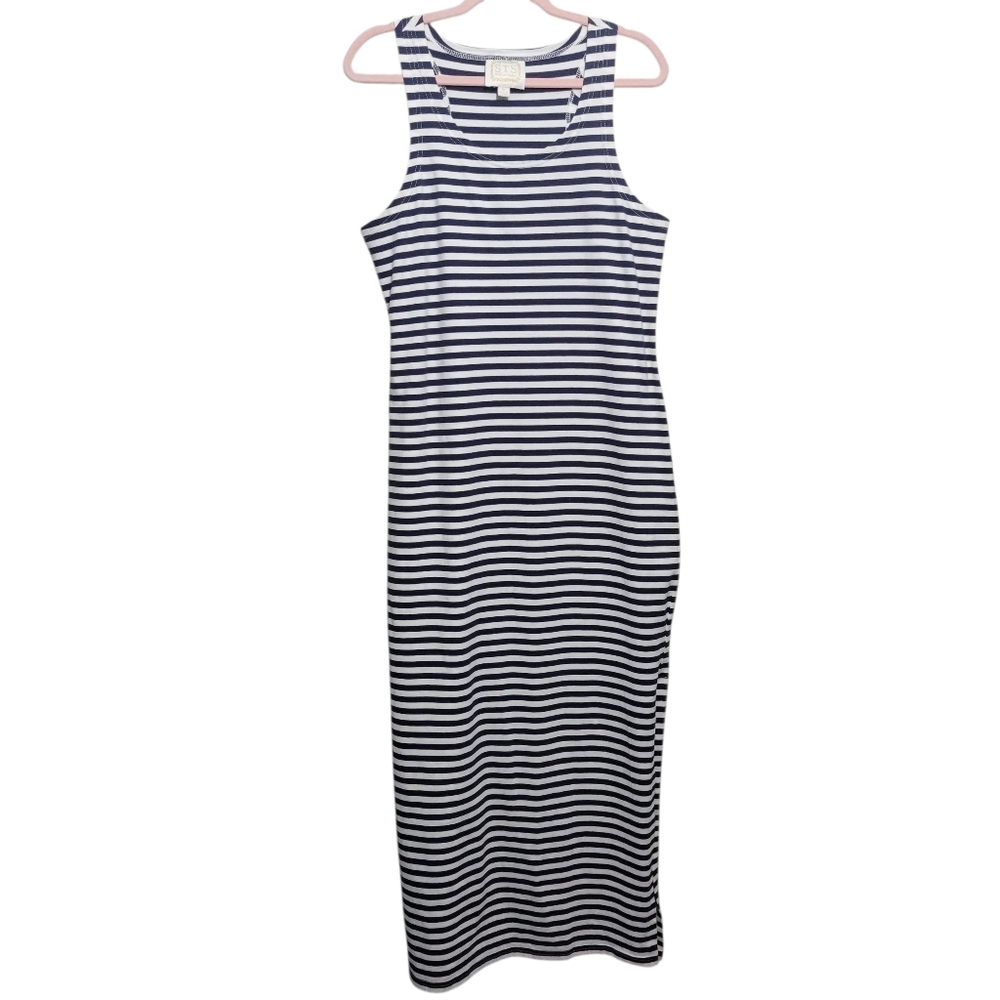 🍒Sail To Sable Long Navy Blue White Stiped Dress M - Picture 2 of 5